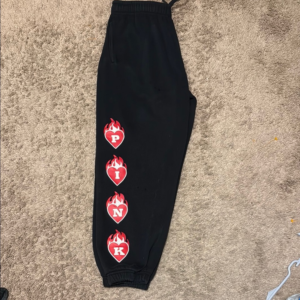 PINK Victoria's Secret ladies Black Joggers with Red Heart Flame Design
